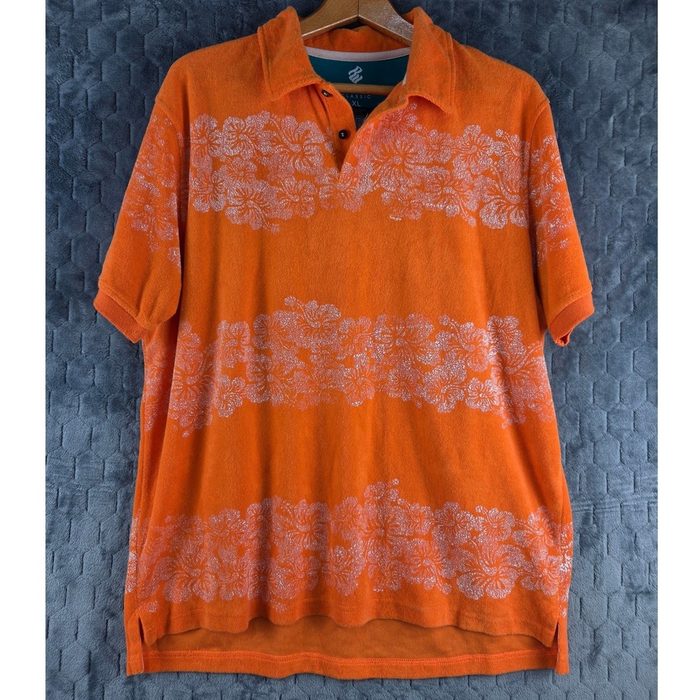 Rocawear Classic Mens XL Orange Terry Cloth Hibiscus Floral Polo Shirt Short Slv